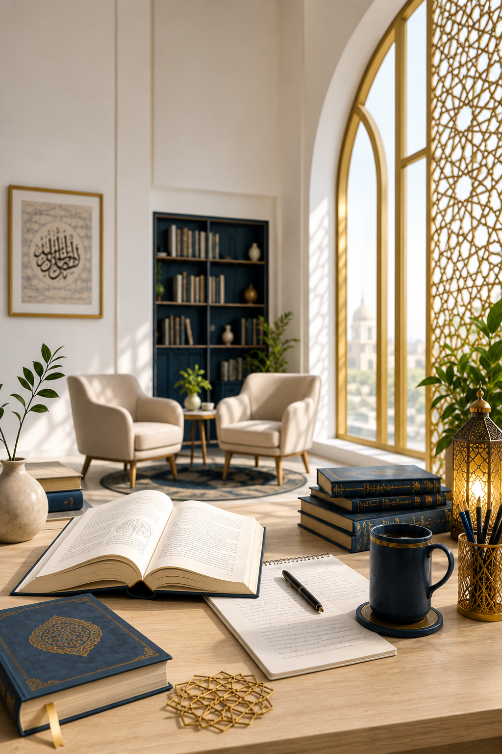 A calm Islamic psychology research and counselling room with books, notes, and comfortable chairs